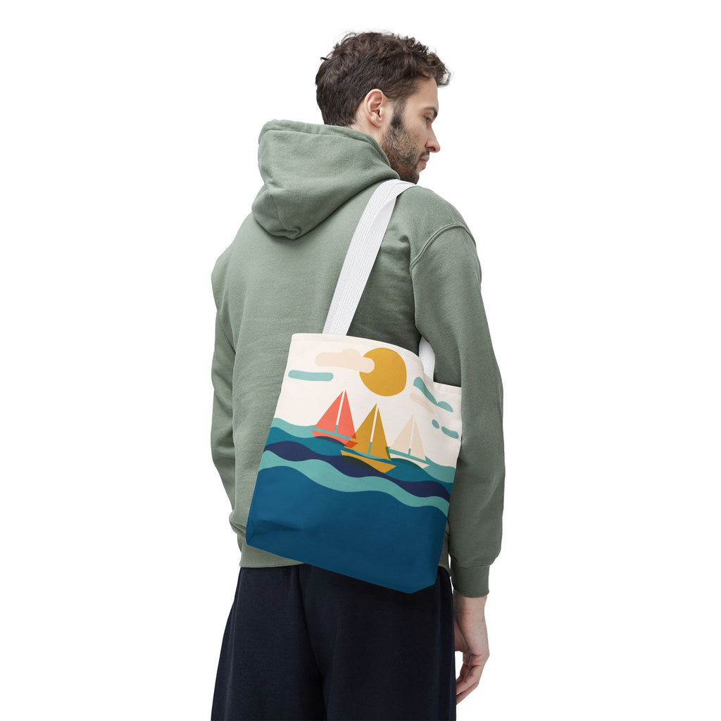 Minimalist Sailboat Tote Bag – Mid-Century Modern Ocean Waves Beach Bag