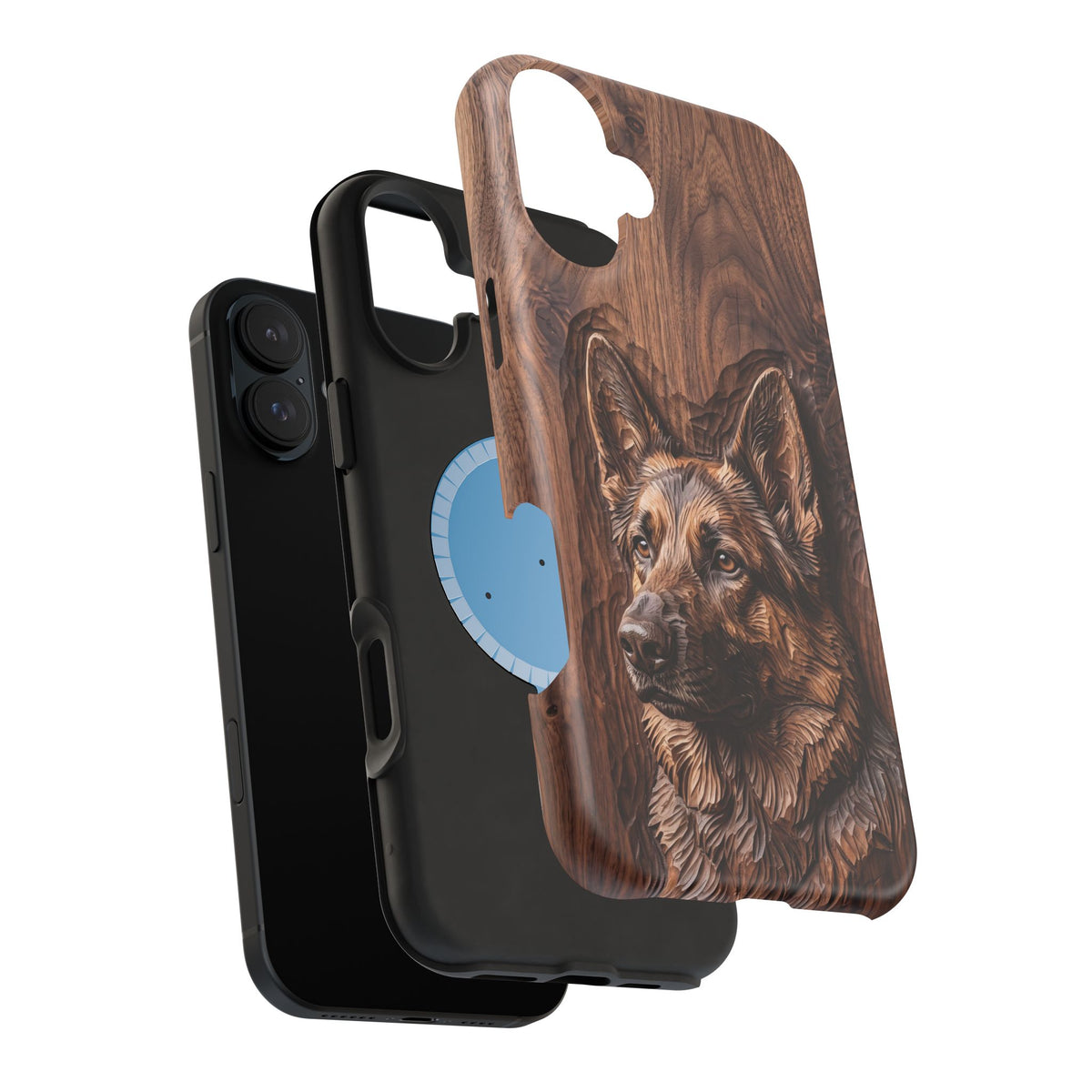 German Shepherd Phone Case | Carved Walnut Art — Tough Magnetic Case with Wireless Charging