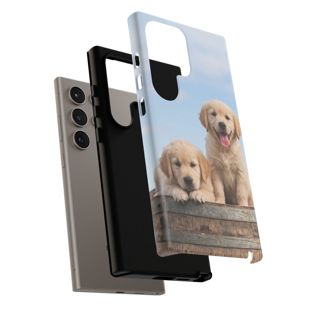 Golden Retriever Puppies on Barrel Phone Case | Cute Duo Under Blue Sky | iPhone & Samsung