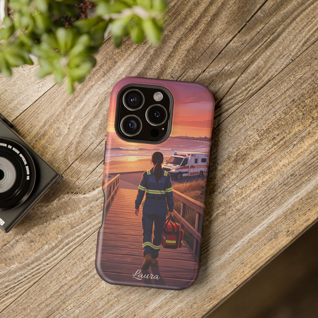 Sunset Boardwalk Personalized Paramedic Phone Case — Wireless Charging Cover