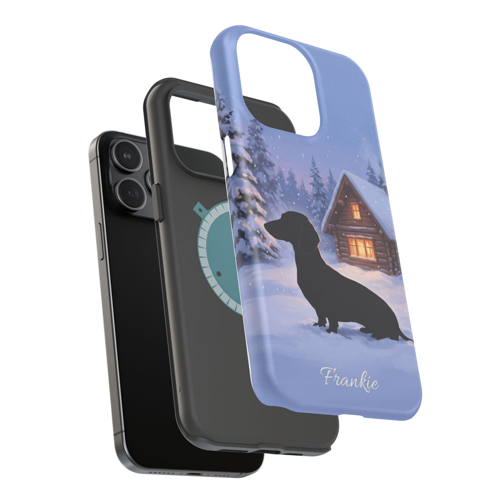 Personalized Dachshund Winter Cabin Phone Case — Wireless Charging Cover