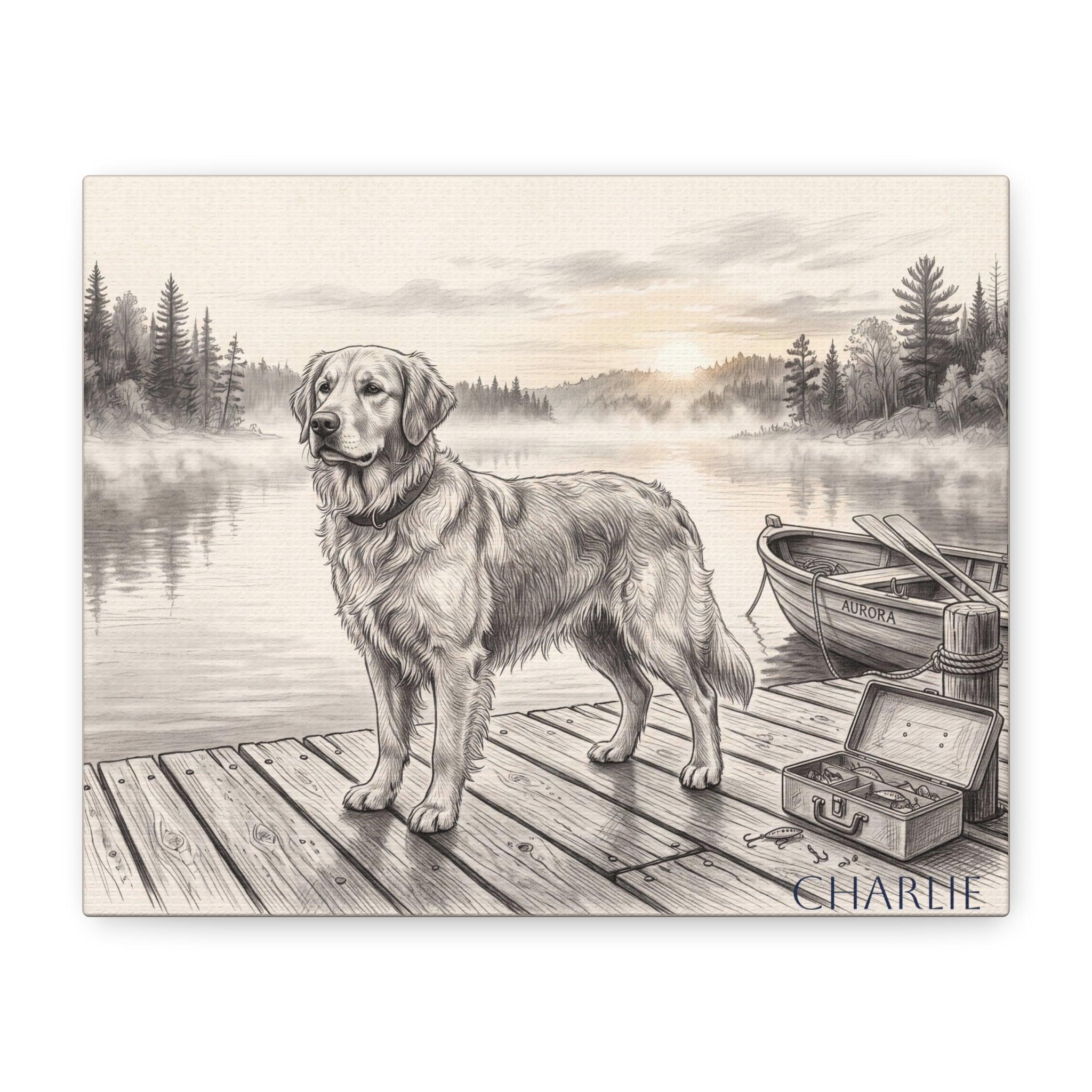 Golden Retriever Lakeside Dock Sketch Personalized Canvas | Misty Lake Wall Art