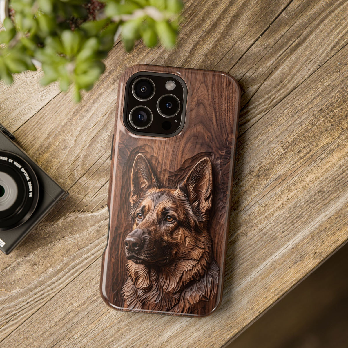 German Shepherd Phone Case | Carved Walnut Art — Tough Magnetic Case with Wireless Charging