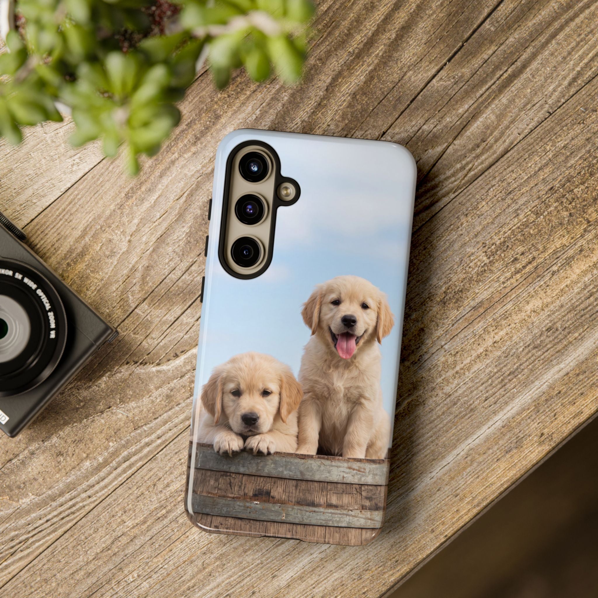 Golden Retriever Puppies on Barrel Phone Case | Cute Duo Under Blue Sky | iPhone & Samsung