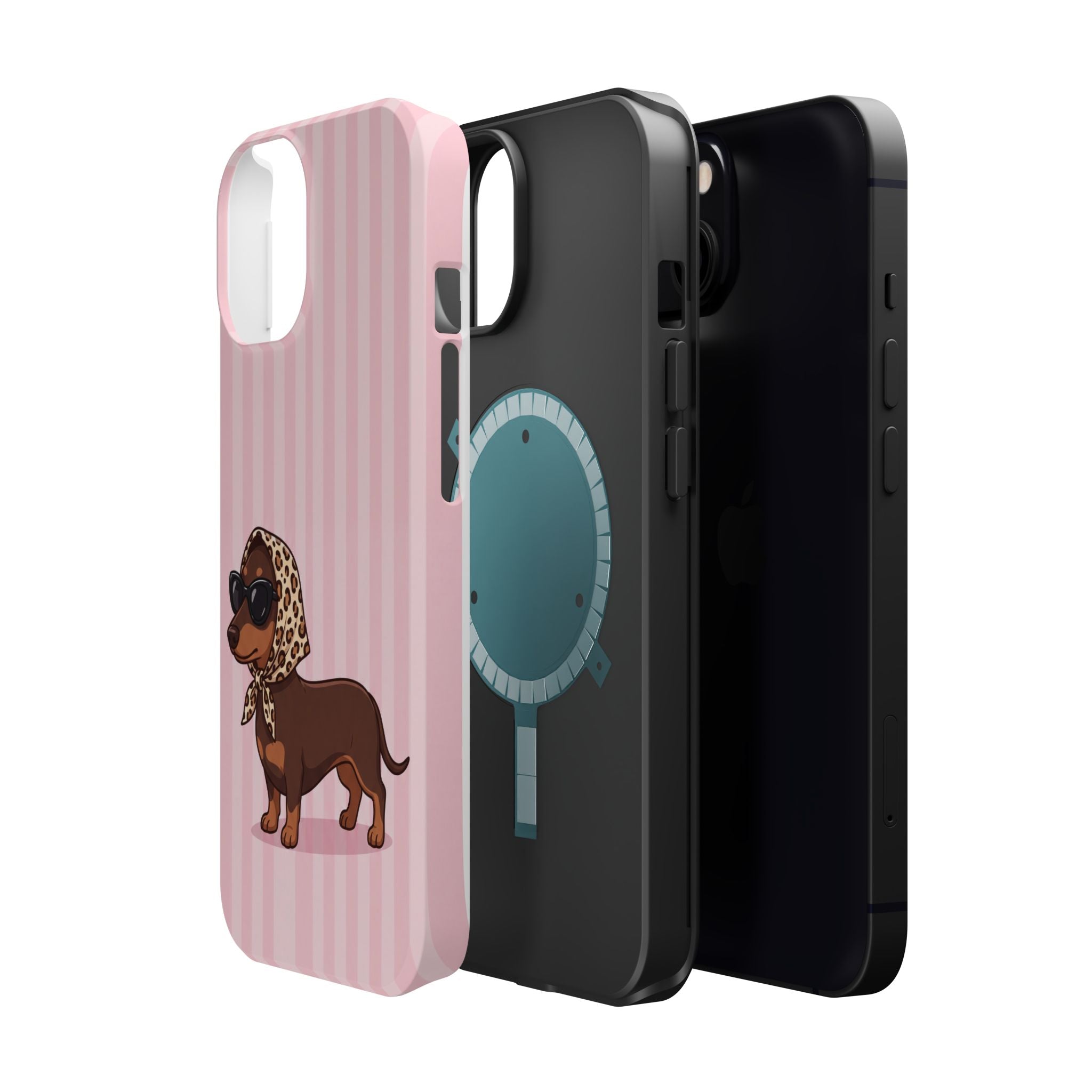 Glam Dachshund Phone Case | Cute Sausage Dog in Leopard Scarf & Sunglasses | Pink Stripe Case for iPhone & Samsung
