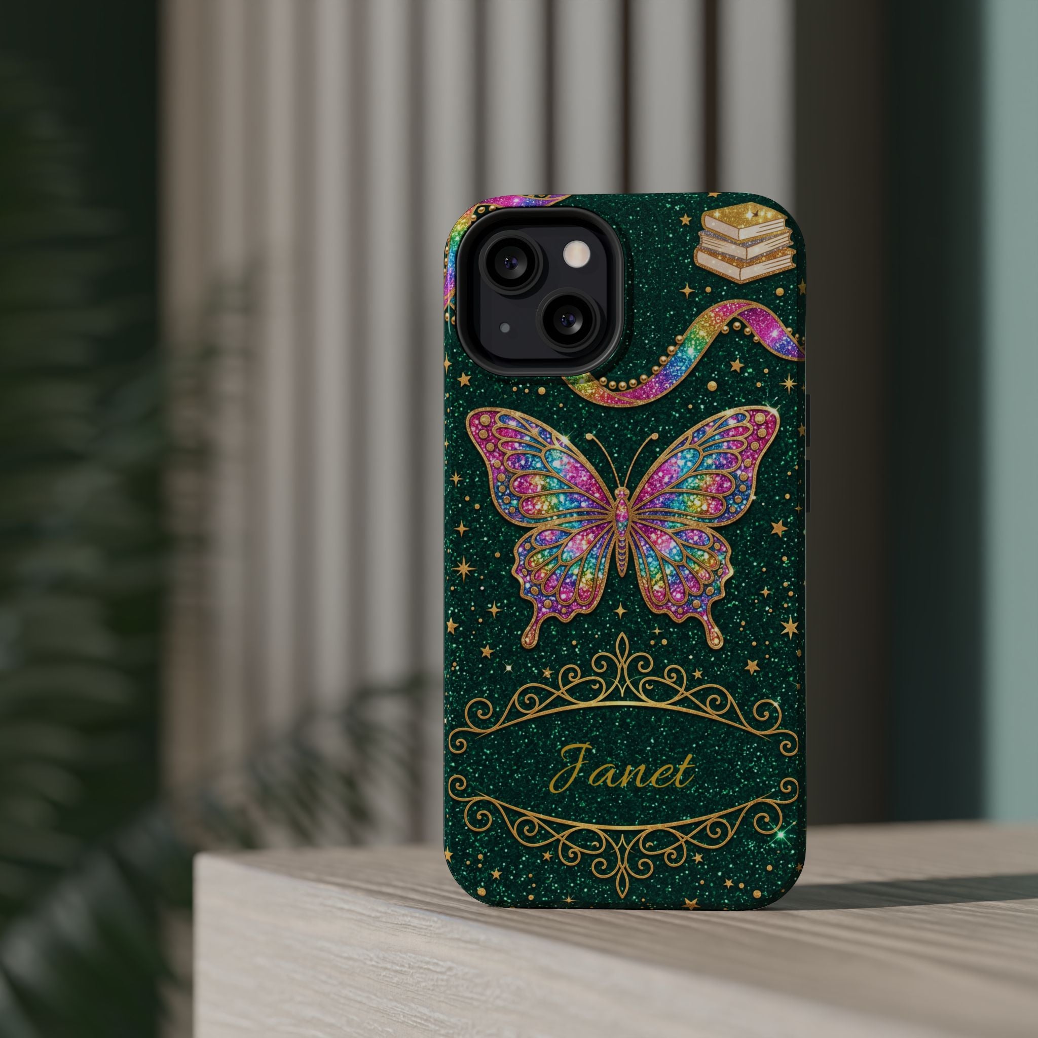Rainbow Glitter Butterfly Personalized Teacher Phone Case — Wireless Charging Cover