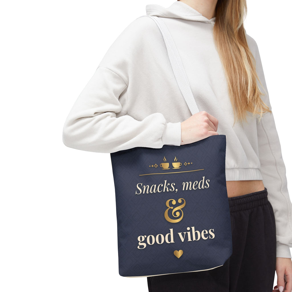 Snacks Meds & Good Vibes Tote | Funny Nurse Gift Tote Bag | Healthcare Worker Humour Gift | Premium Polyester Carry-All
