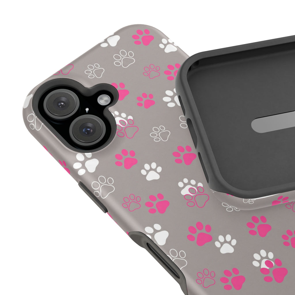 Pink & White Paw Print Phone Case — Impact-Resistant Wireless Charging Cover