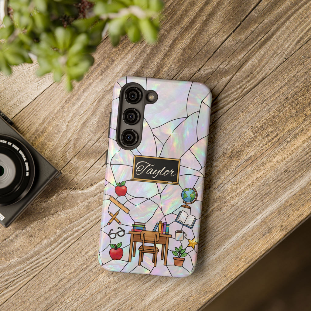 Personalized Teacher Phone Case — Custom Name Stained Glass Classroom Design