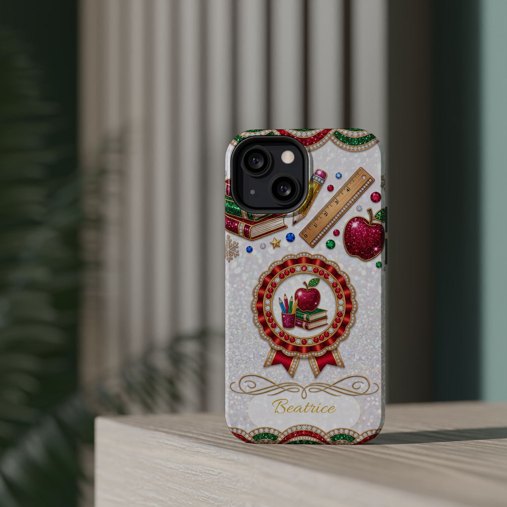 Jeweled Apple Medallion Personalized Teacher Phone Case — Wireless Charging Cover