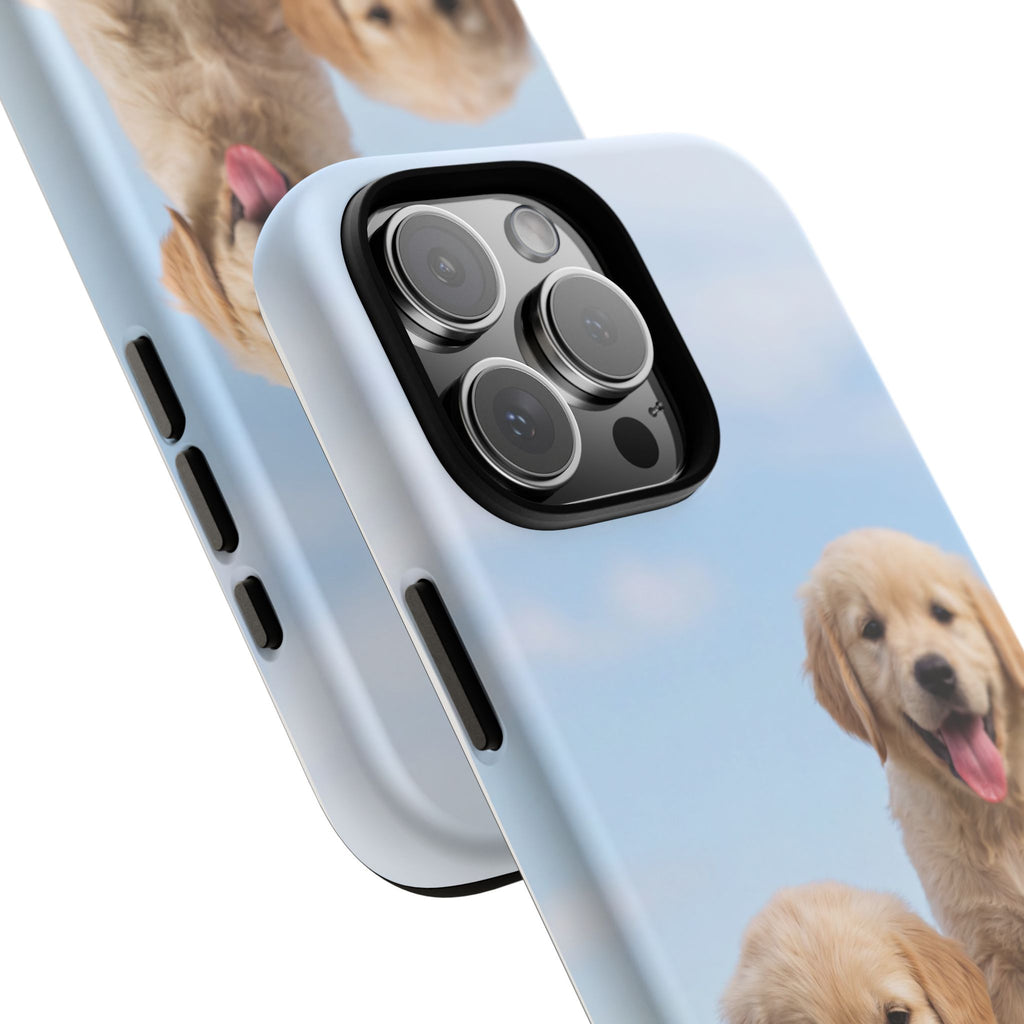 Golden Retriever Puppies on Barrel Phone Case | Cute Duo Under Blue Sky | iPhone & Samsung