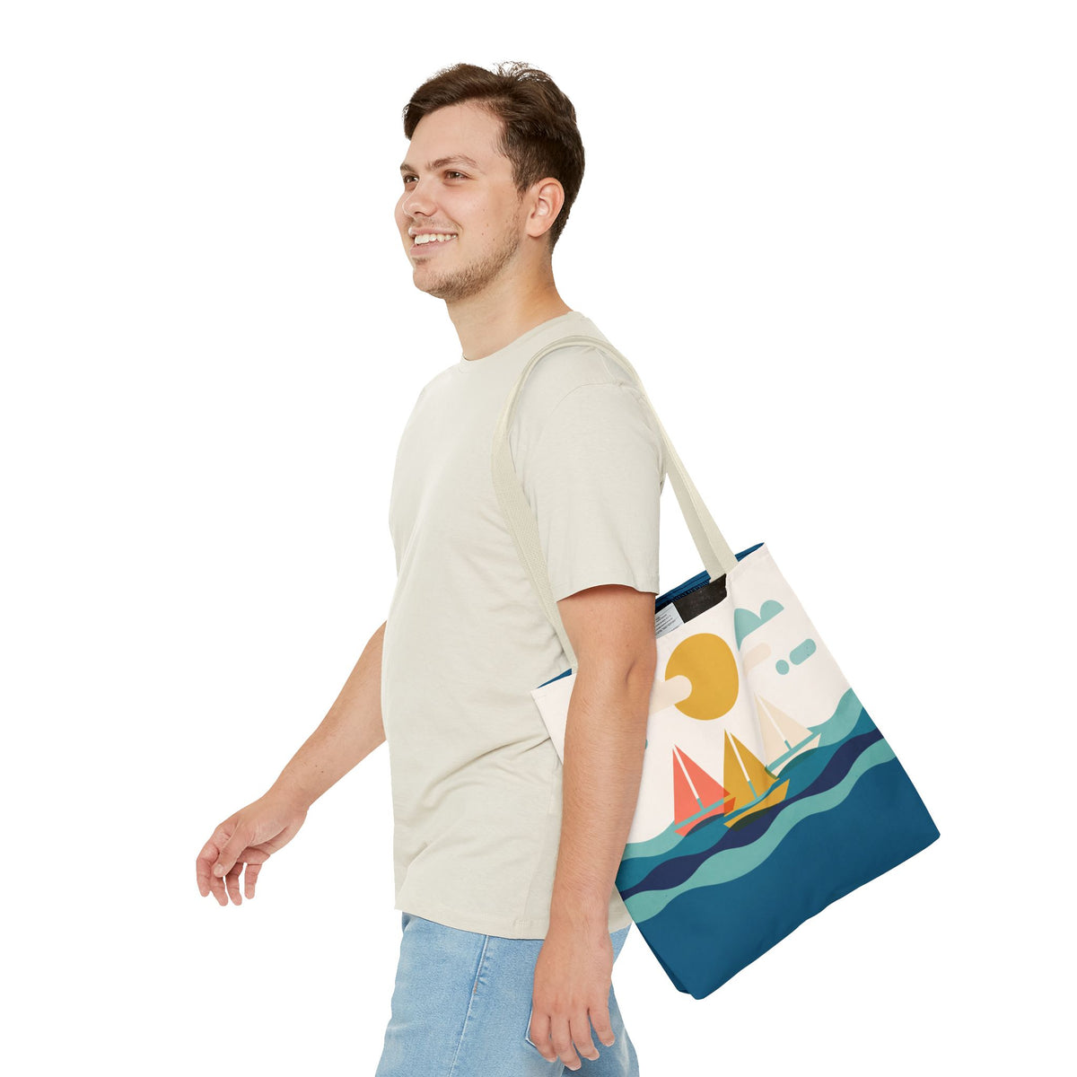 Minimalist Sailboat Tote Bag – Mid-Century Modern Ocean Waves Beach Bag