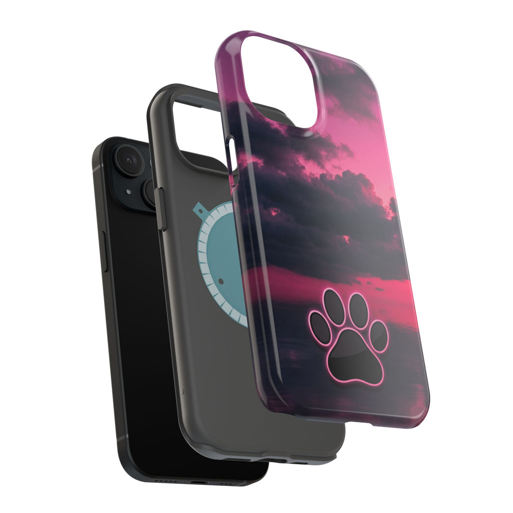 iPhone & Samsung Magnetic Impact-Resistant Phone Case — Pink Twilight Cloud with Paw Print