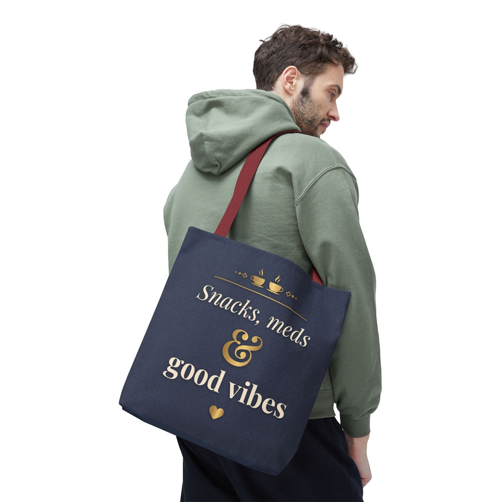 Snacks Meds & Good Vibes Tote | Funny Nurse Gift Tote Bag | Healthcare Worker Humour Gift | Premium Polyester Carry-All