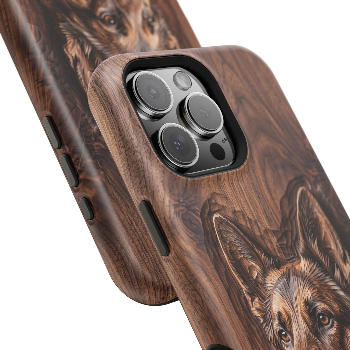 German Shepherd Phone Case | Carved Walnut Art — Tough Magnetic Case with Wireless Charging