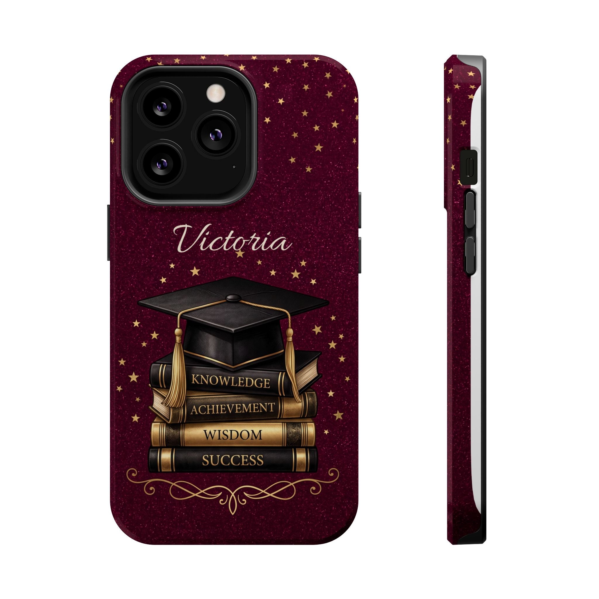 Graduation Cap & Books Personalized Teacher Phone Case — Wireless Charging Cover