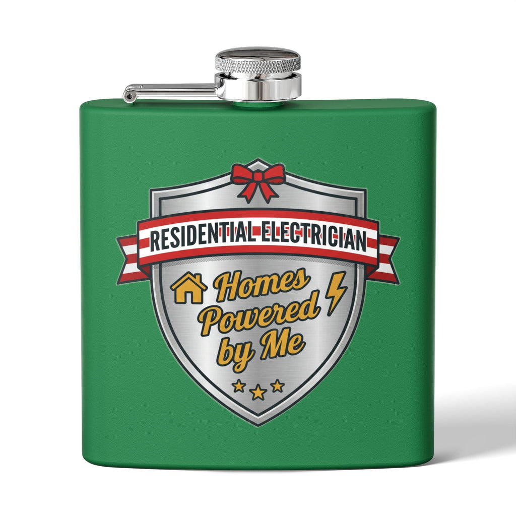 Flask — "Residential Electrician: Homes Powered by Me" (Shield Badge) 6oz Stainless Steel Hip Flask