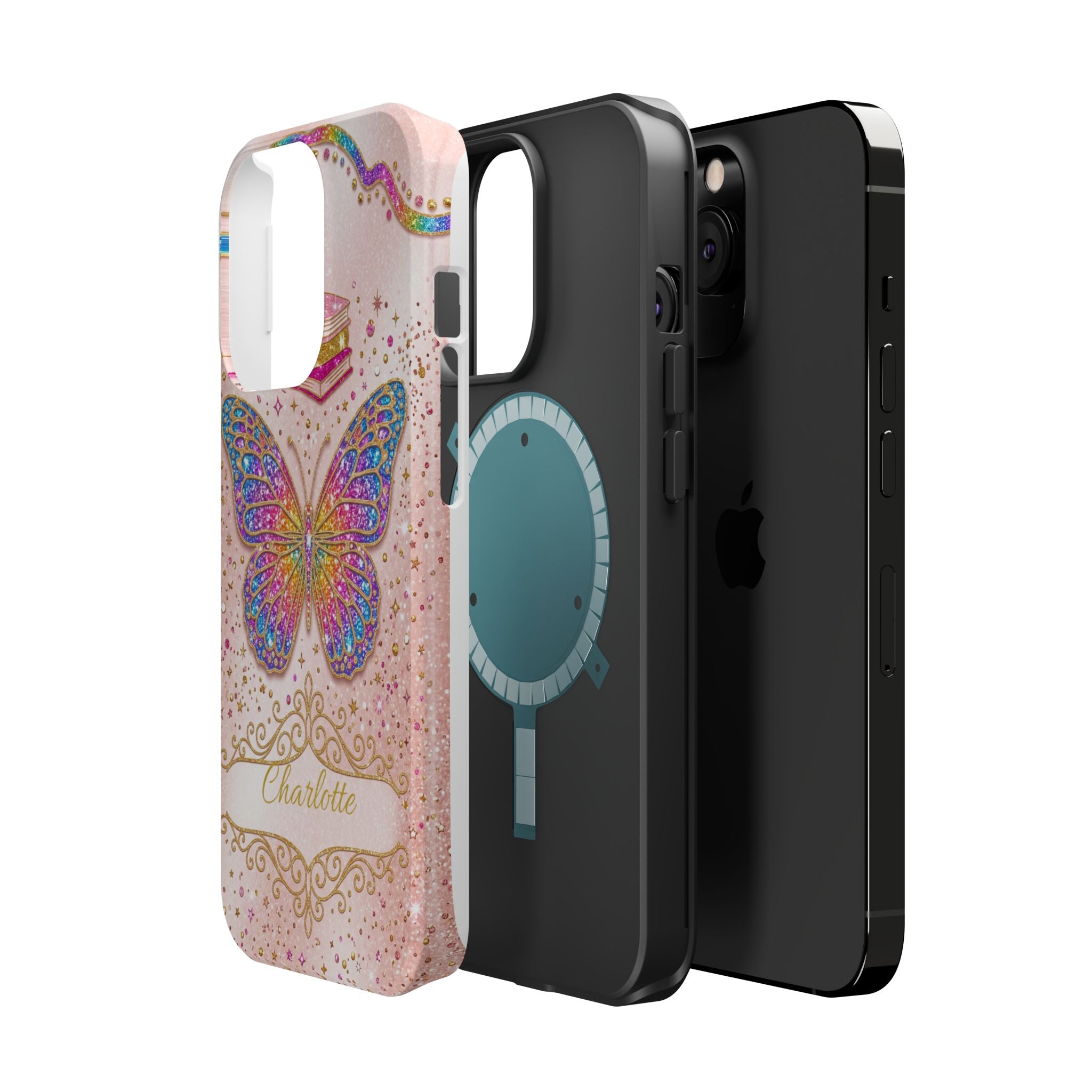 Blush Glitter Butterfly Personalized Teacher Phone Case — Wireless Charging Cover
