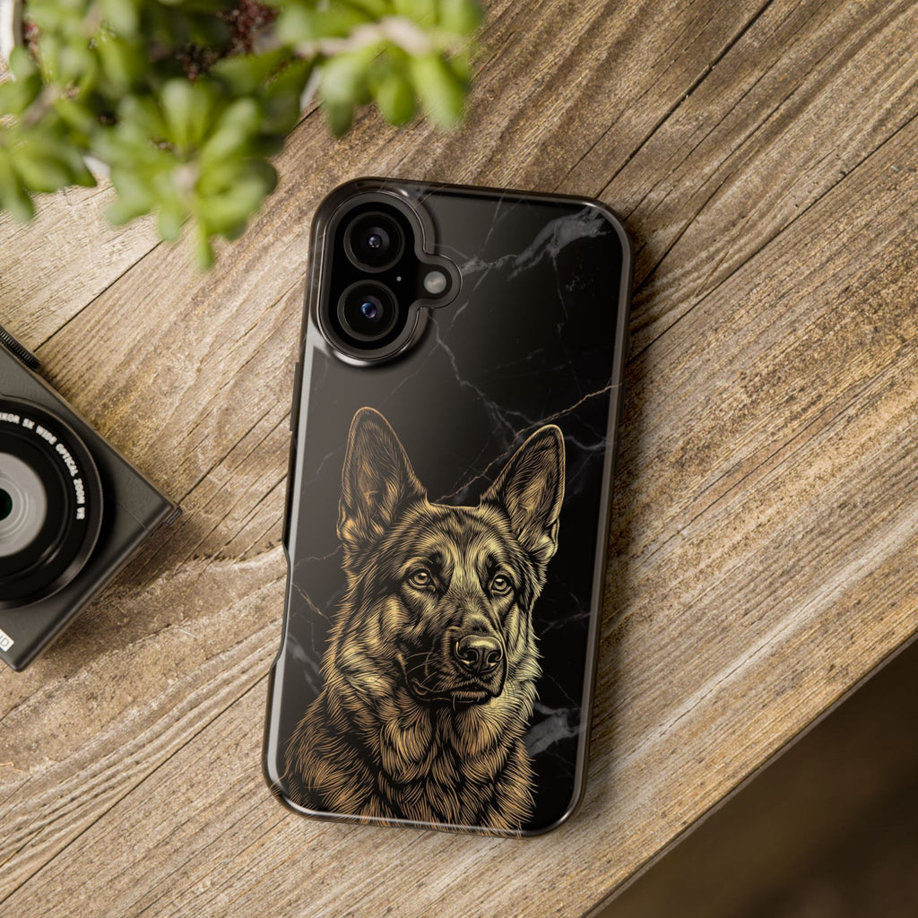 German Shepherd Phone Case | Black Marble Gold Sketch Art — Tough Magnetic Case with Wireless Charging