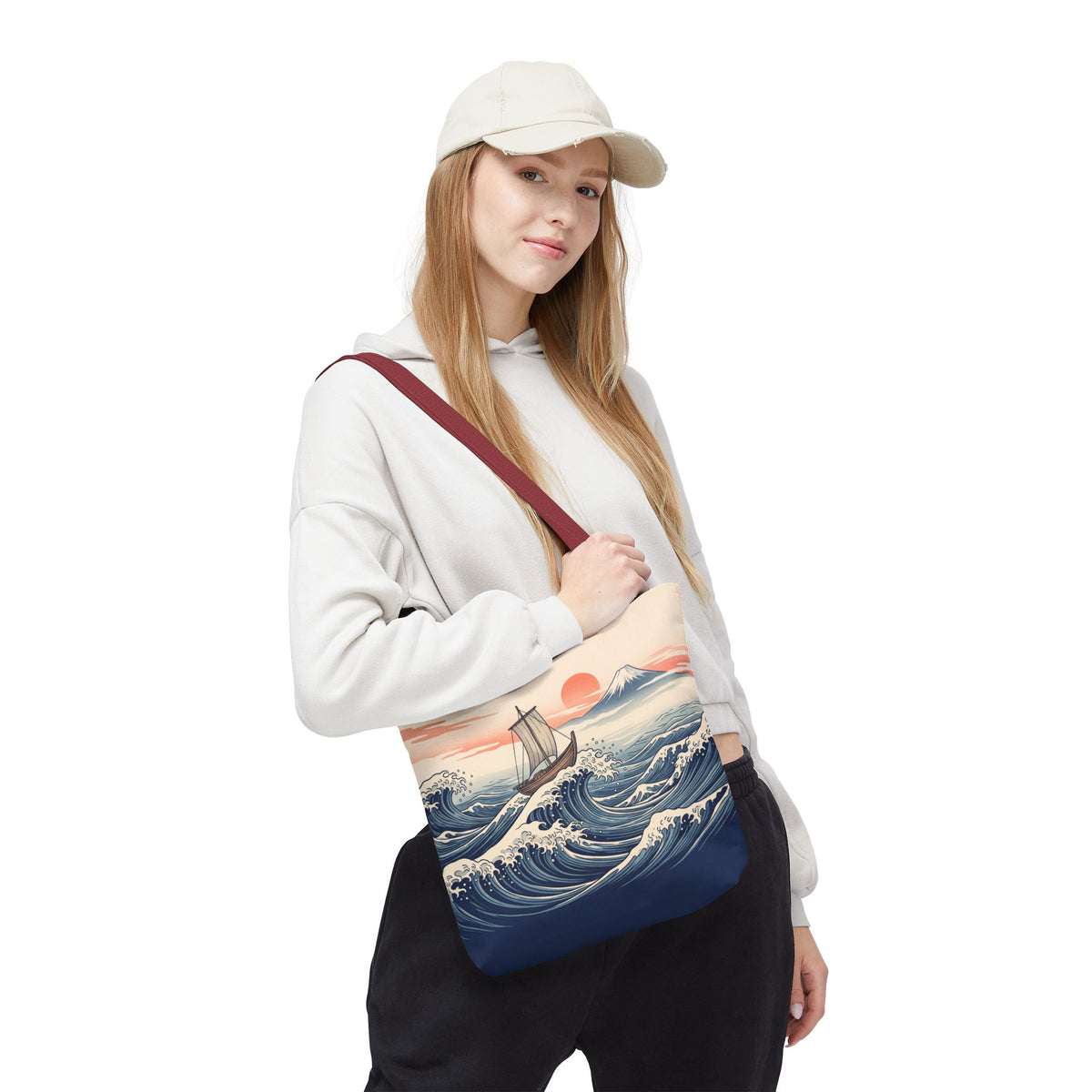 Japanese Wave Sailboat Tote Bag – Woodblock Style Ocean Beach Bag
