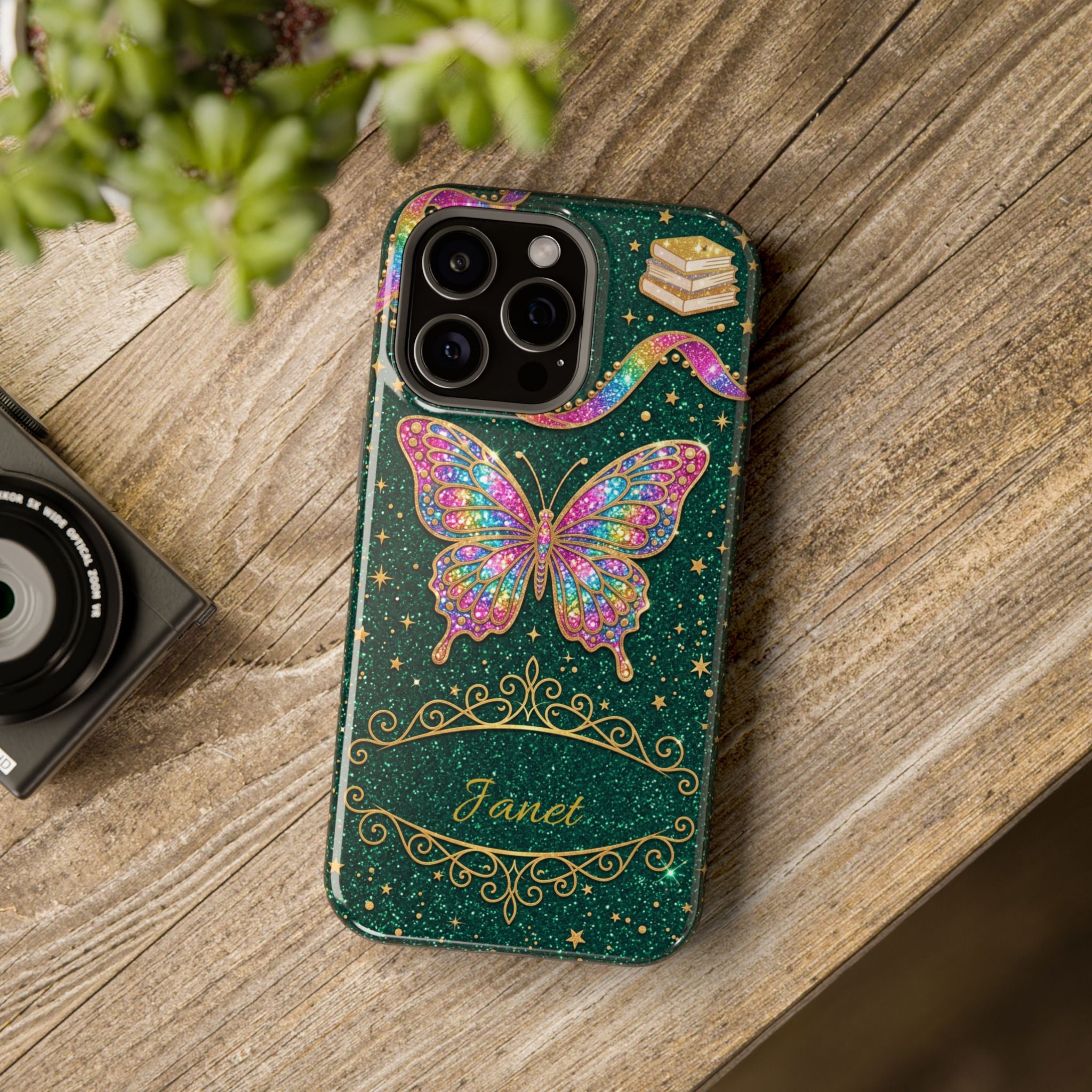 Rainbow Glitter Butterfly Personalized Teacher Phone Case — Wireless Charging Cover