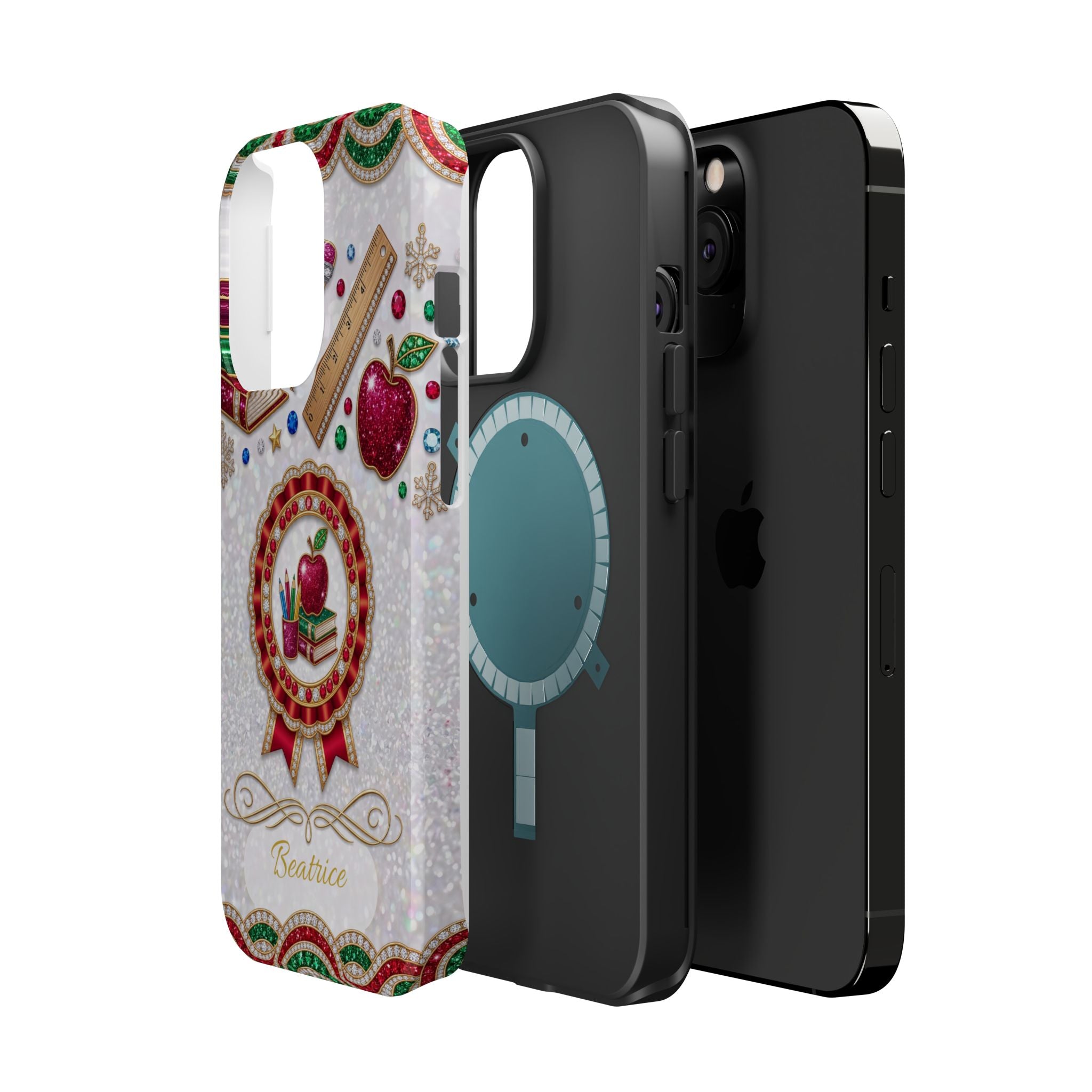 Jeweled Apple Medallion Personalized Teacher Phone Case — Wireless Charging Cover