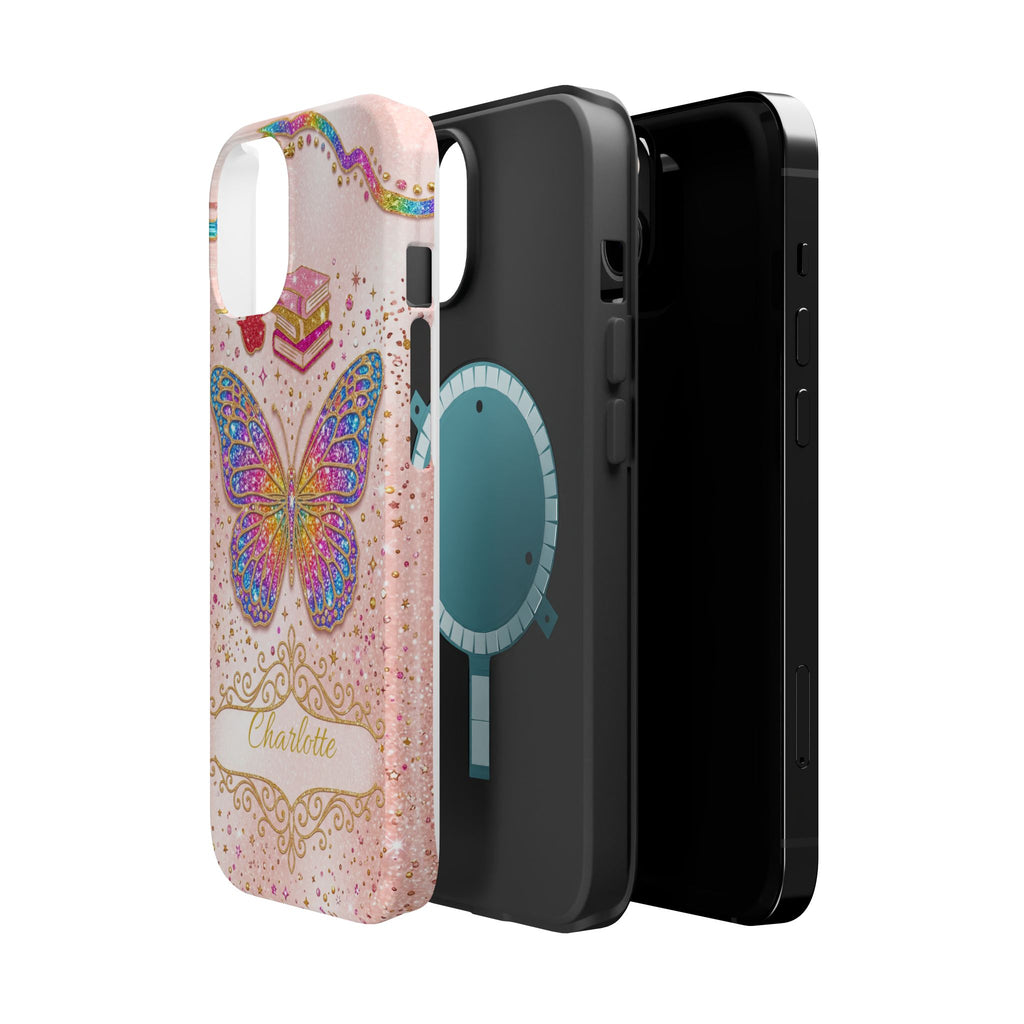 Blush Glitter Butterfly Personalized Teacher Phone Case — Wireless Charging Cover