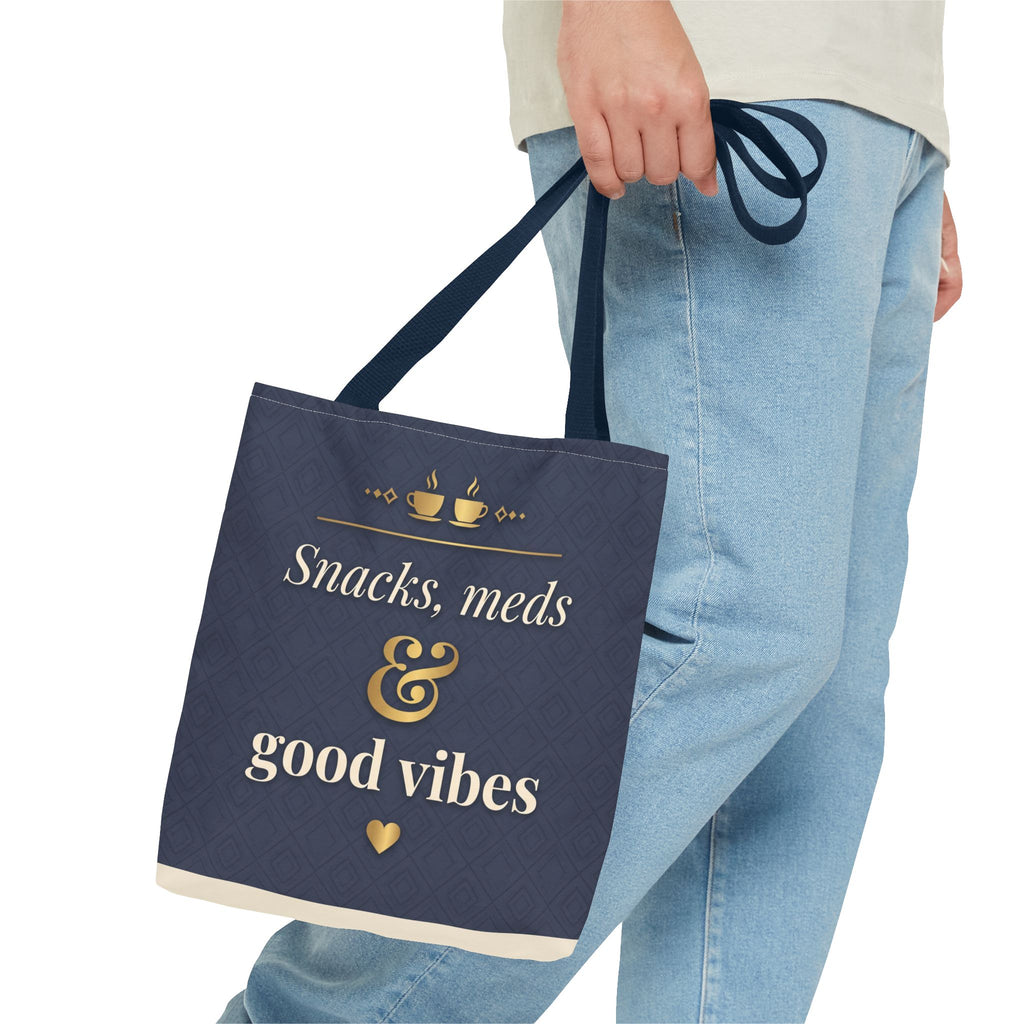 Snacks Meds & Good Vibes Tote | Funny Nurse Gift Tote Bag | Healthcare Worker Humour Gift | Premium Polyester Carry-All