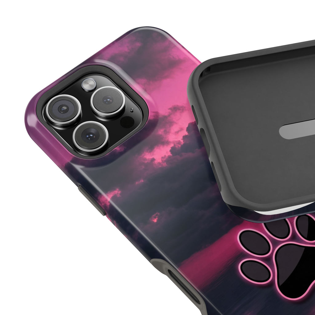 iPhone & Samsung Magnetic Impact-Resistant Phone Case — Pink Twilight Cloud with Paw Print