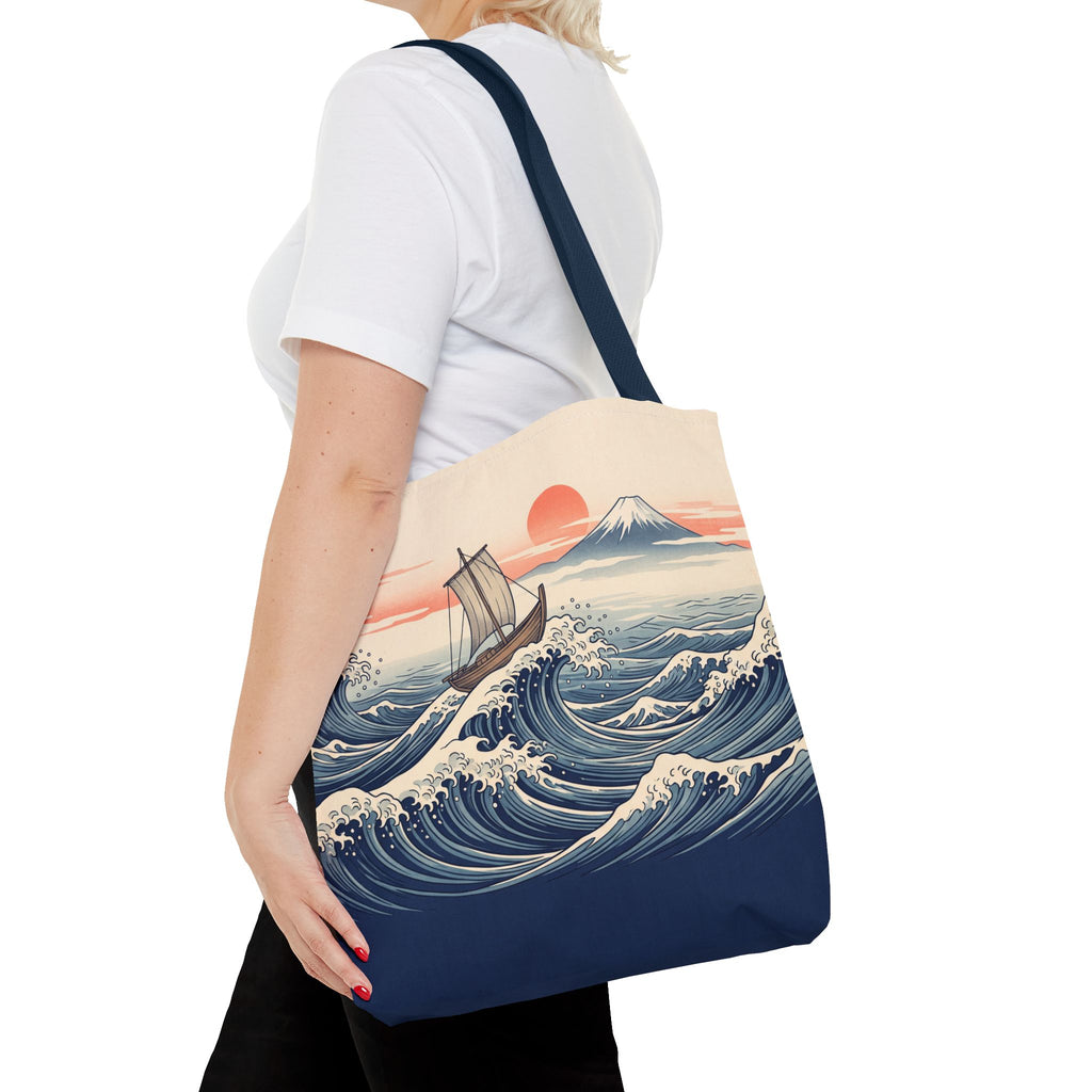 Japanese Wave Sailboat Tote Bag – Woodblock Style Ocean Beach Bag