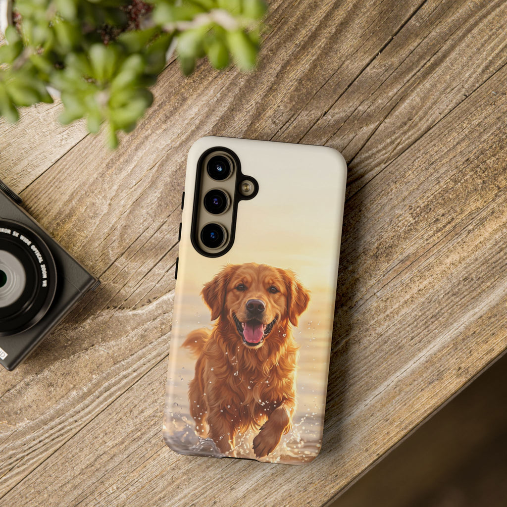 Golden Retriever Splashing in Water Phone Case | Joyful Dog at Golden Hour | iPhone & Samsung