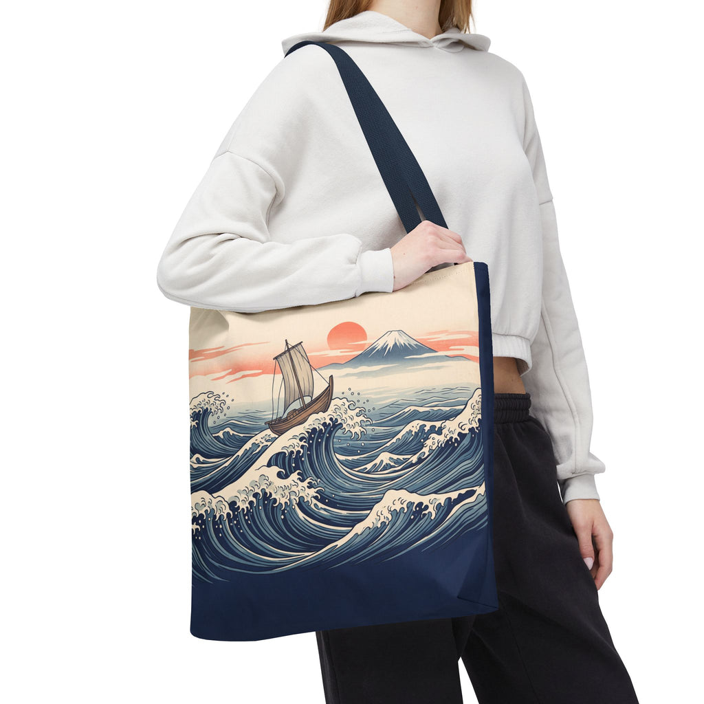 Japanese Wave Sailboat Tote Bag – Woodblock Style Ocean Beach Bag