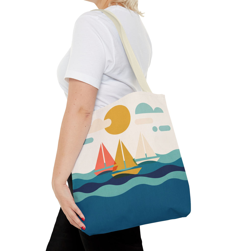 Minimalist Sailboat Tote Bag – Mid-Century Modern Ocean Waves Beach Bag