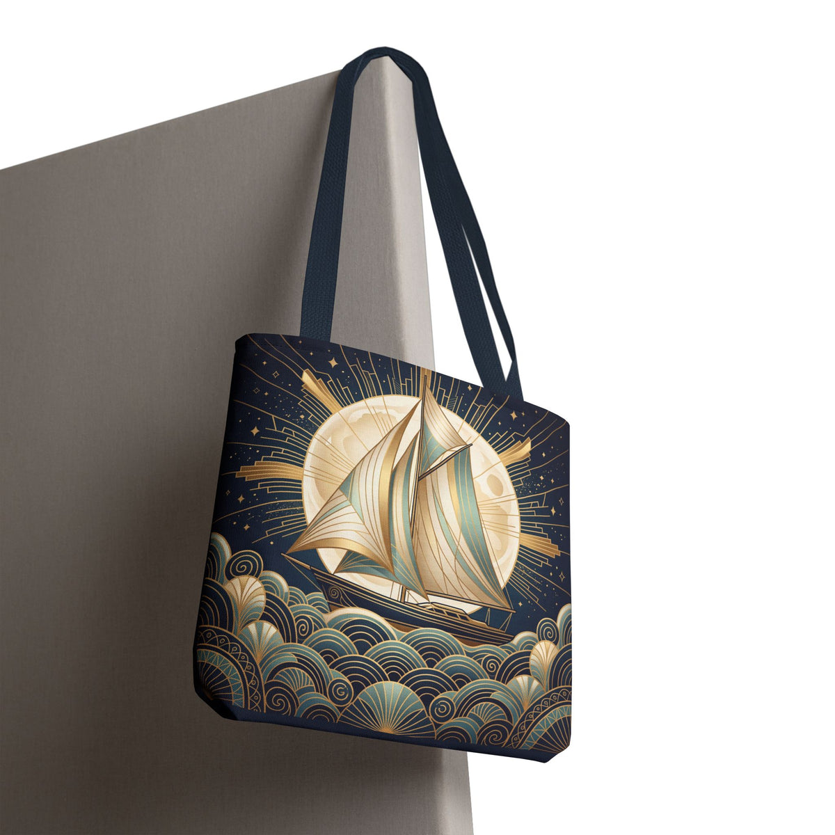 Art Deco Moonlit Sailboat Tote Bag – Starry Night Nautical Beach Bag