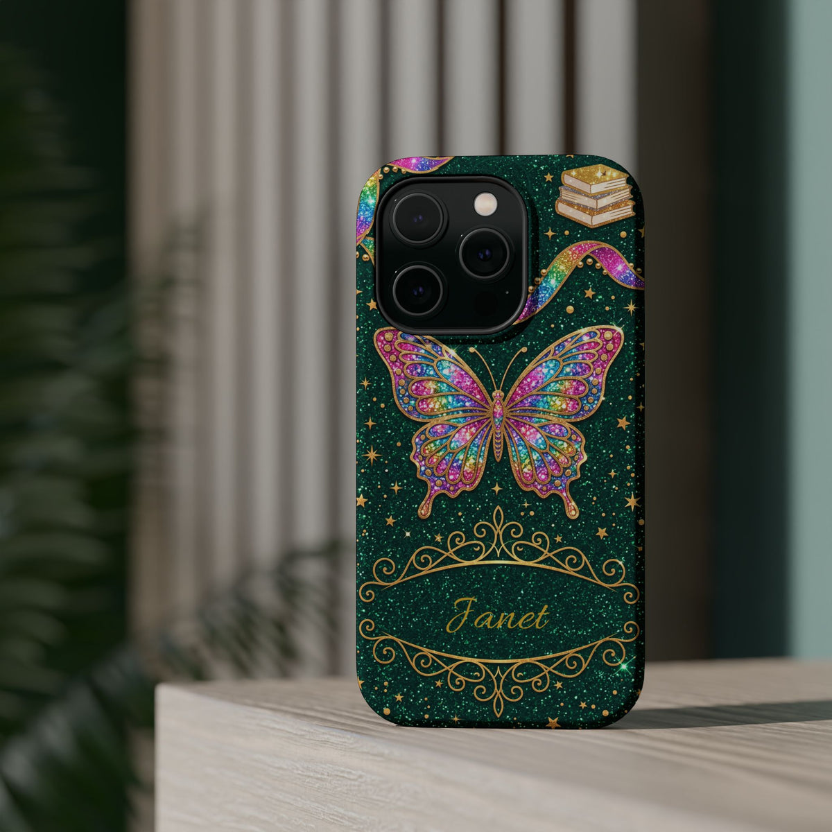 Rainbow Glitter Butterfly Personalized Teacher Phone Case — Wireless Charging Cover