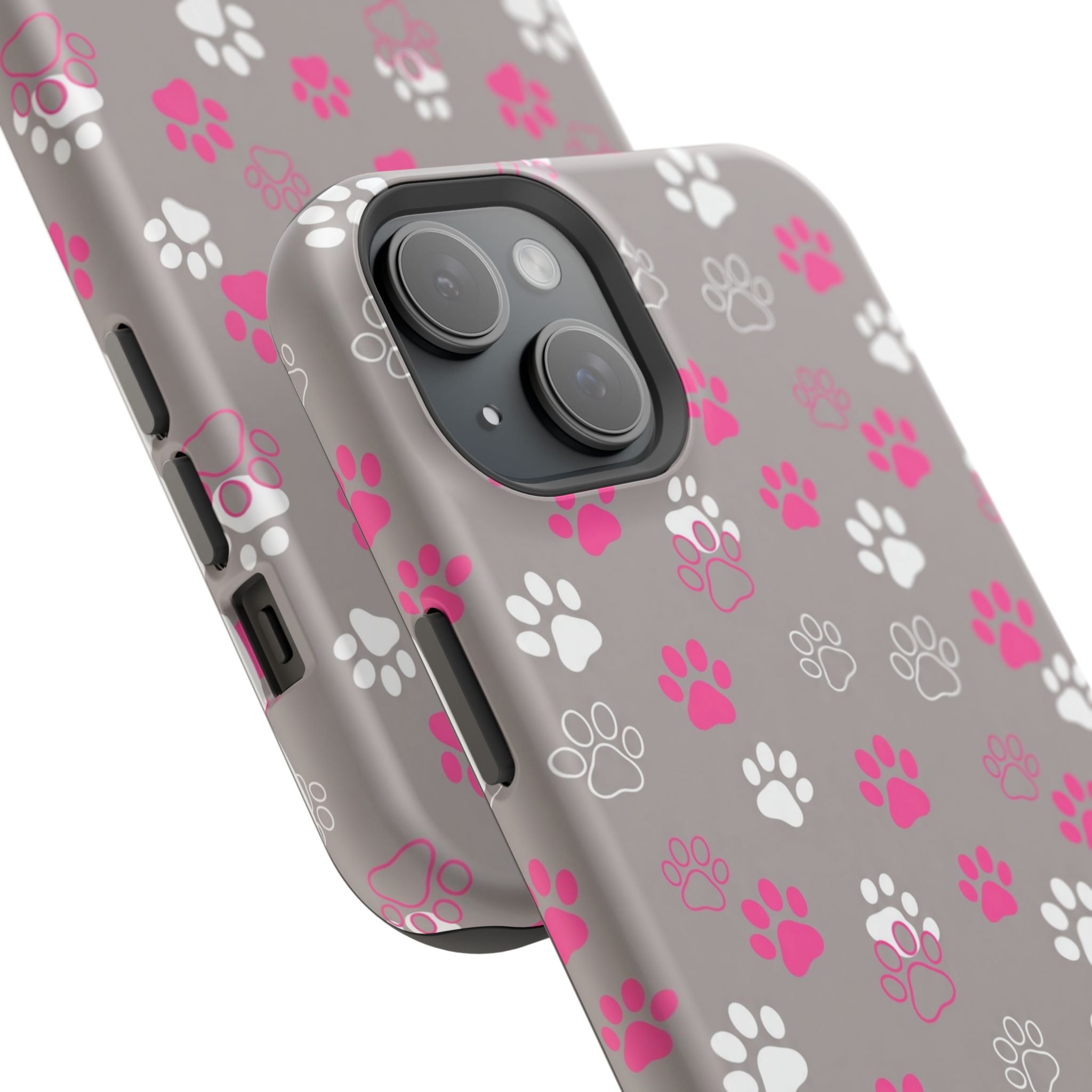 Pink & White Paw Print Phone Case — Impact-Resistant Wireless Charging Cover