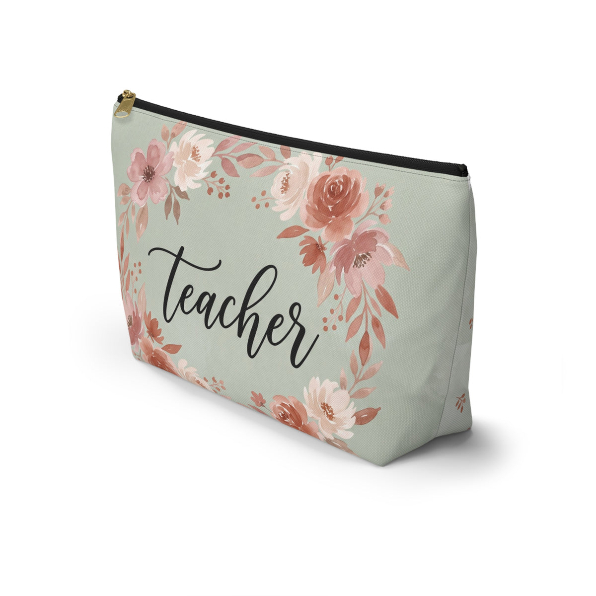 Teacher Floral Watercolor Accessory Pouch — T-Bottom Zipper Bag