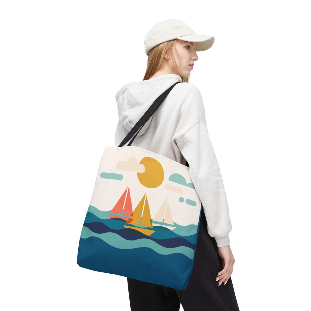 Minimalist Sailboat Tote Bag – Mid-Century Modern Ocean Waves Beach Bag