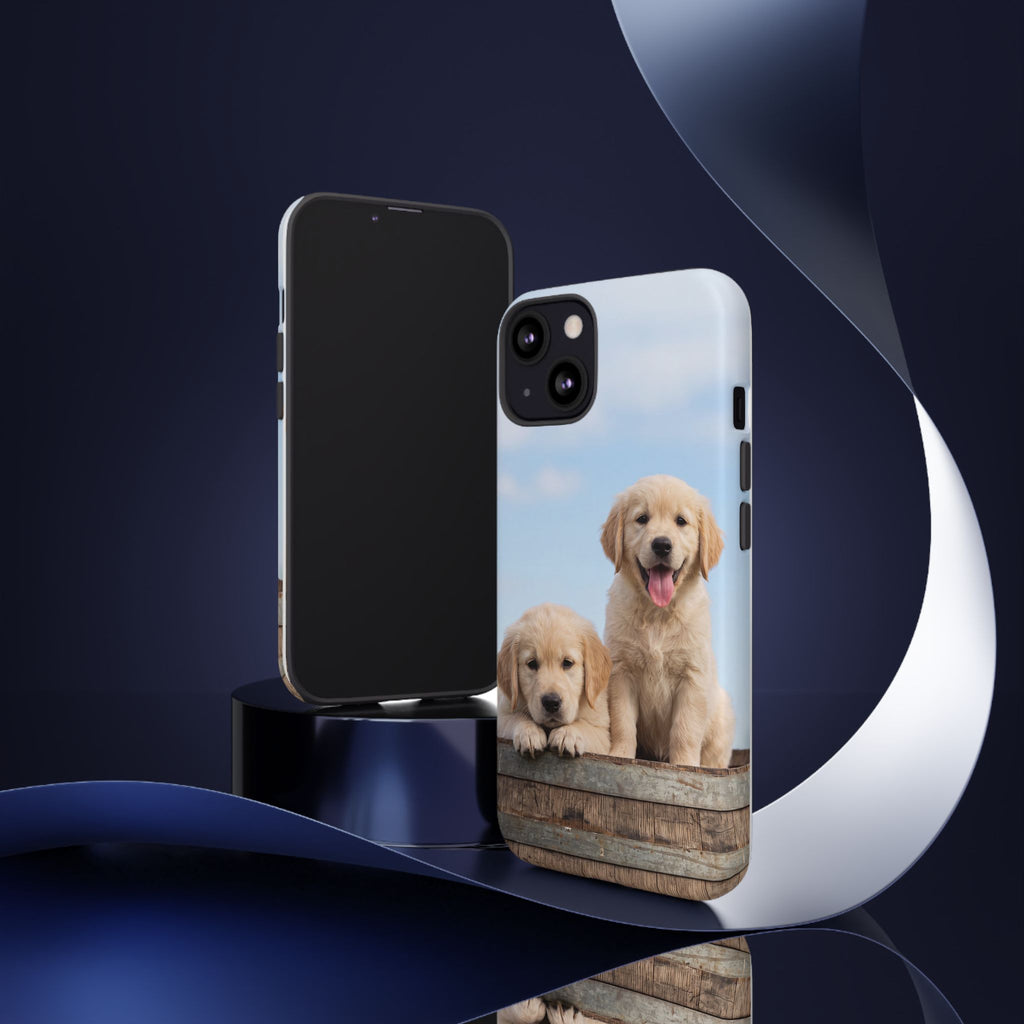 Golden Retriever Puppies on Barrel Phone Case | Cute Duo Under Blue Sky | iPhone & Samsung
