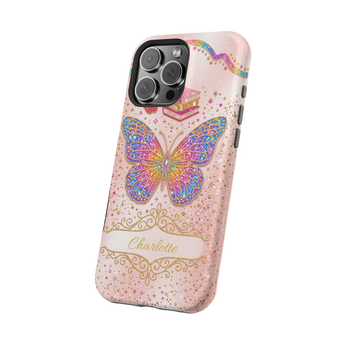 Blush Glitter Butterfly Personalized Teacher Phone Case — Wireless Charging Cover