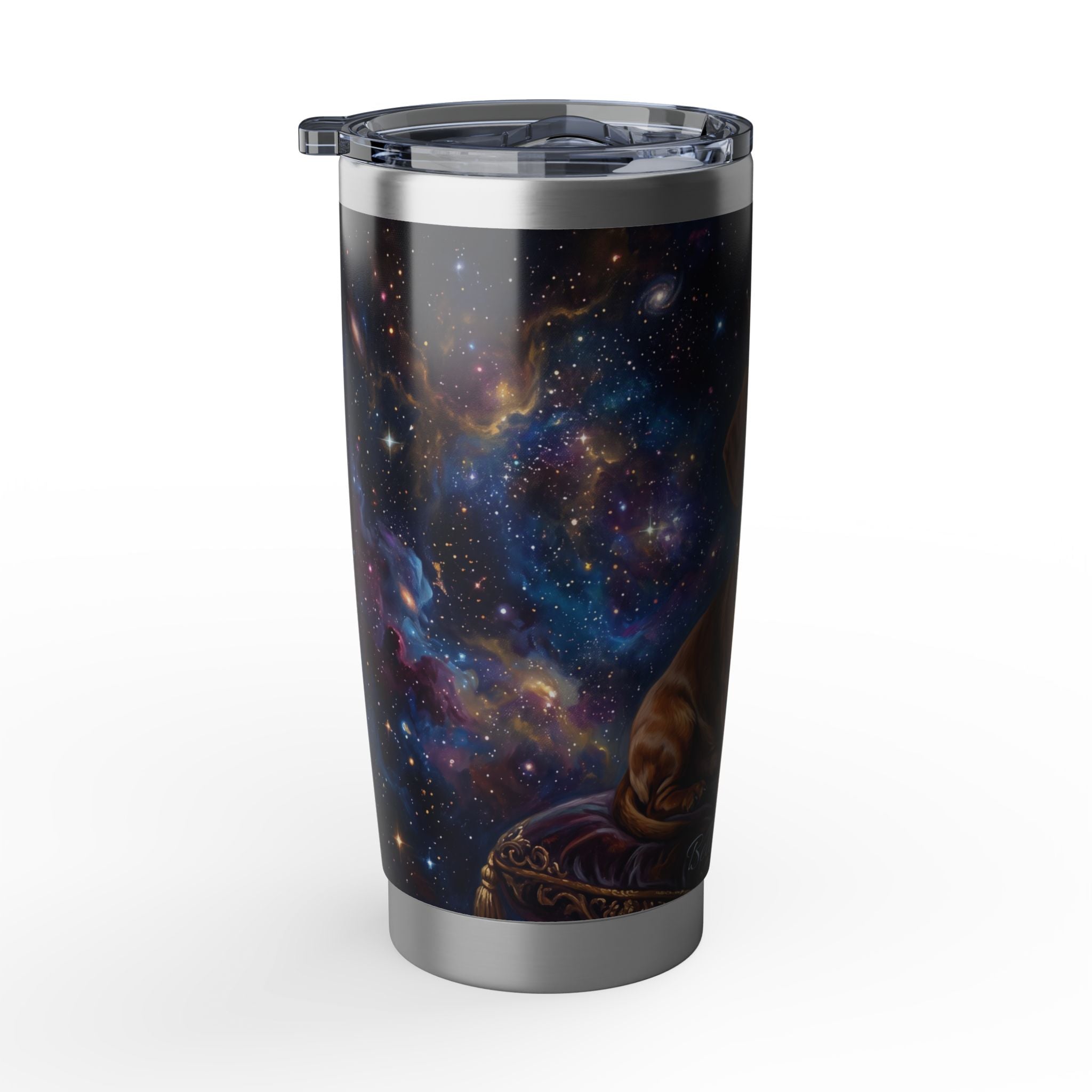Dachshund King Stainless Tumbler — 20oz Personalized Travel Mug with Crowned Dog Purple Galaxy Design