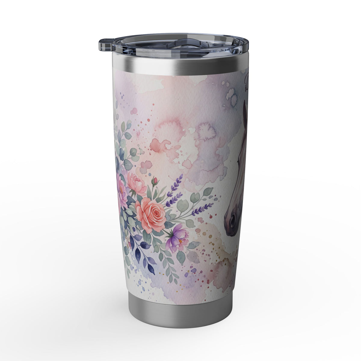 Horse Personalized Tumbler | Watercolor Floral Art — 20 oz Stainless Travel Mug