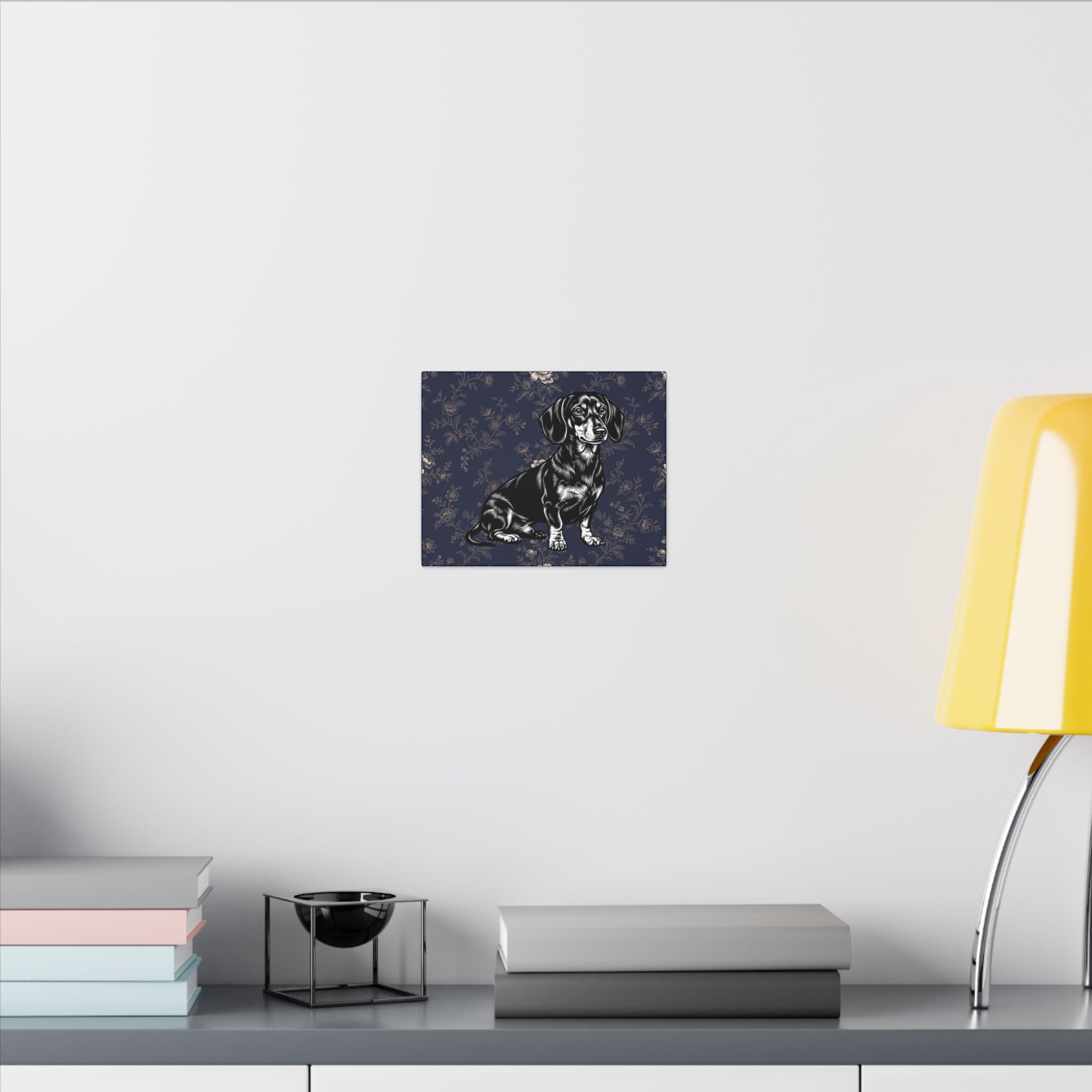 Dachshund Art Canvas – Vintage Floral Navy Matte Stretched Wall Decor