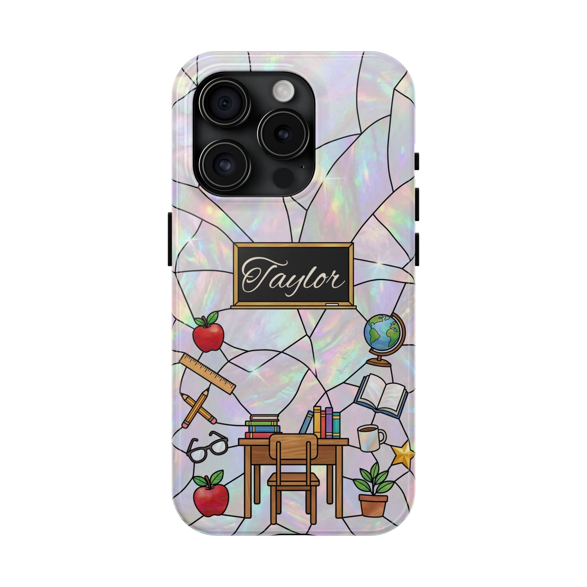 Personalized Teacher Phone Case — Custom Name Stained Glass Classroom Design