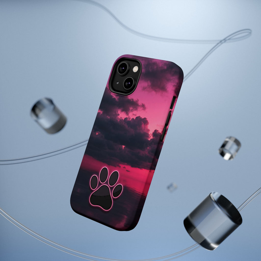 iPhone & Samsung Magnetic Impact-Resistant Phone Case — Pink Twilight Cloud with Paw Print