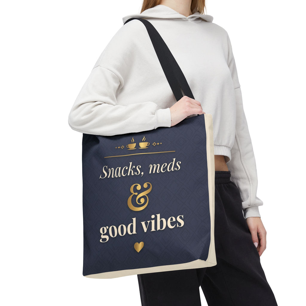 Snacks Meds & Good Vibes Tote | Funny Nurse Gift Tote Bag | Healthcare Worker Humour Gift | Premium Polyester Carry-All