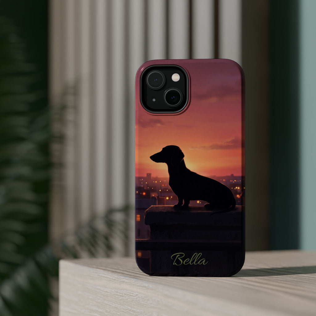 Personalized Dachshund Rooftop Sunset Phone Case — Wireless Charging Cover