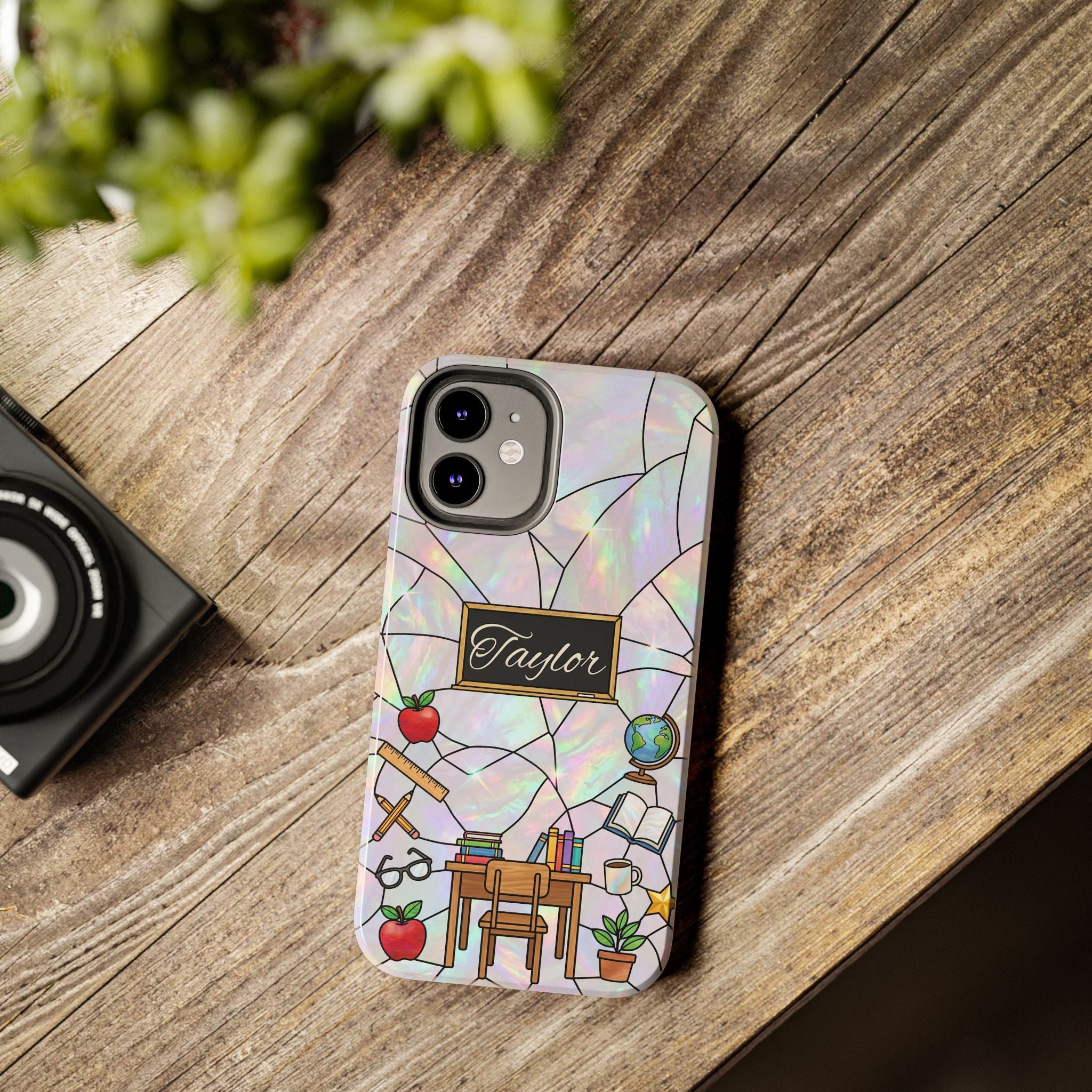 Personalized Teacher Phone Case — Custom Name Stained Glass Classroom Design
