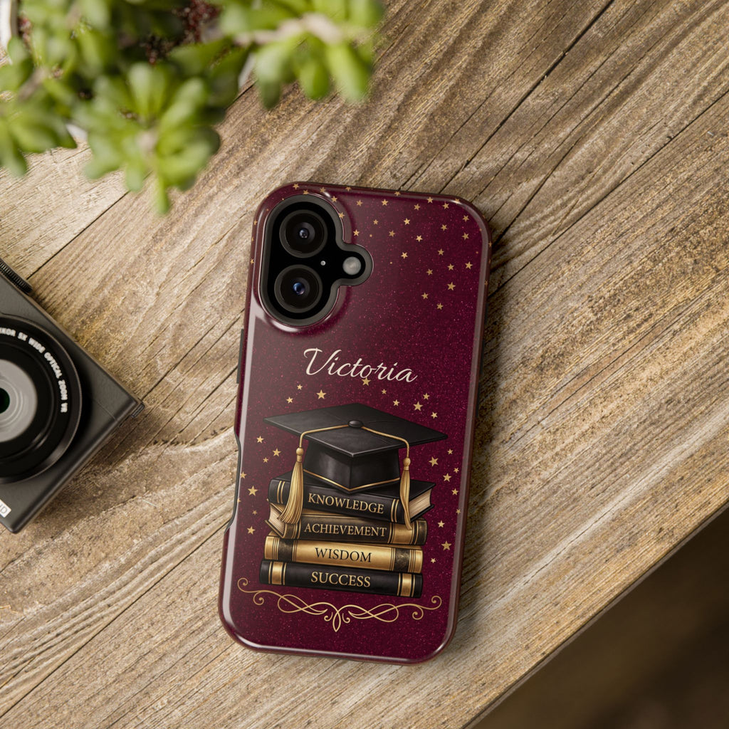 Graduation Cap & Books Personalized Teacher Phone Case — Wireless Charging Cover