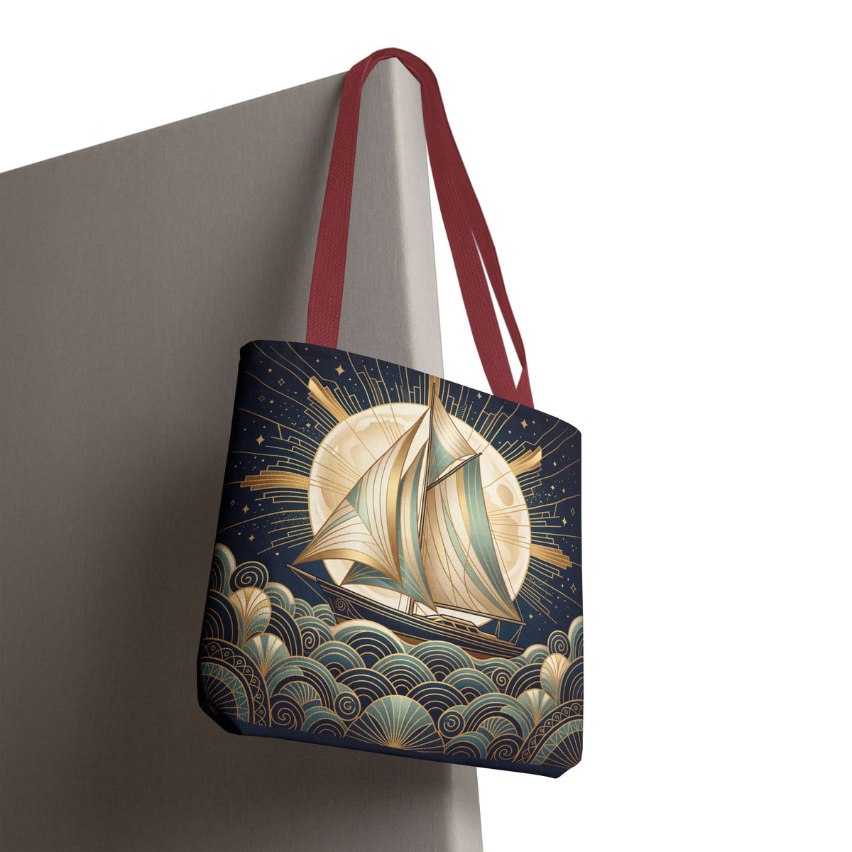 Art Deco Moonlit Sailboat Tote Bag – Starry Night Nautical Beach Bag